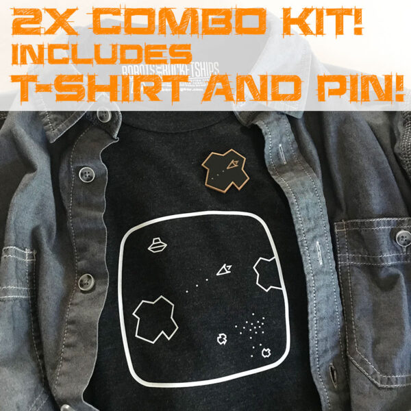 Asteroids Premium T-Shirt and Pin Combo Kit :: ARCADE VISIONS Series :: Robots And Rocketships